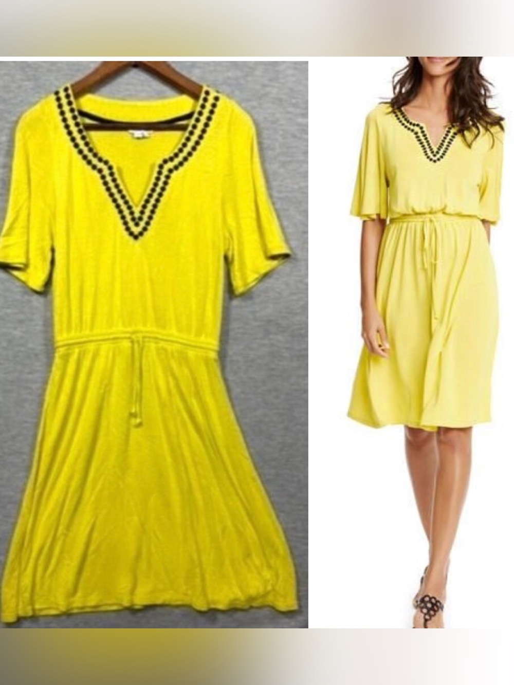 Boden Estelle Dress US 2 Yellow Linen Blend‎ Drawstring Waist Embroidered Neck